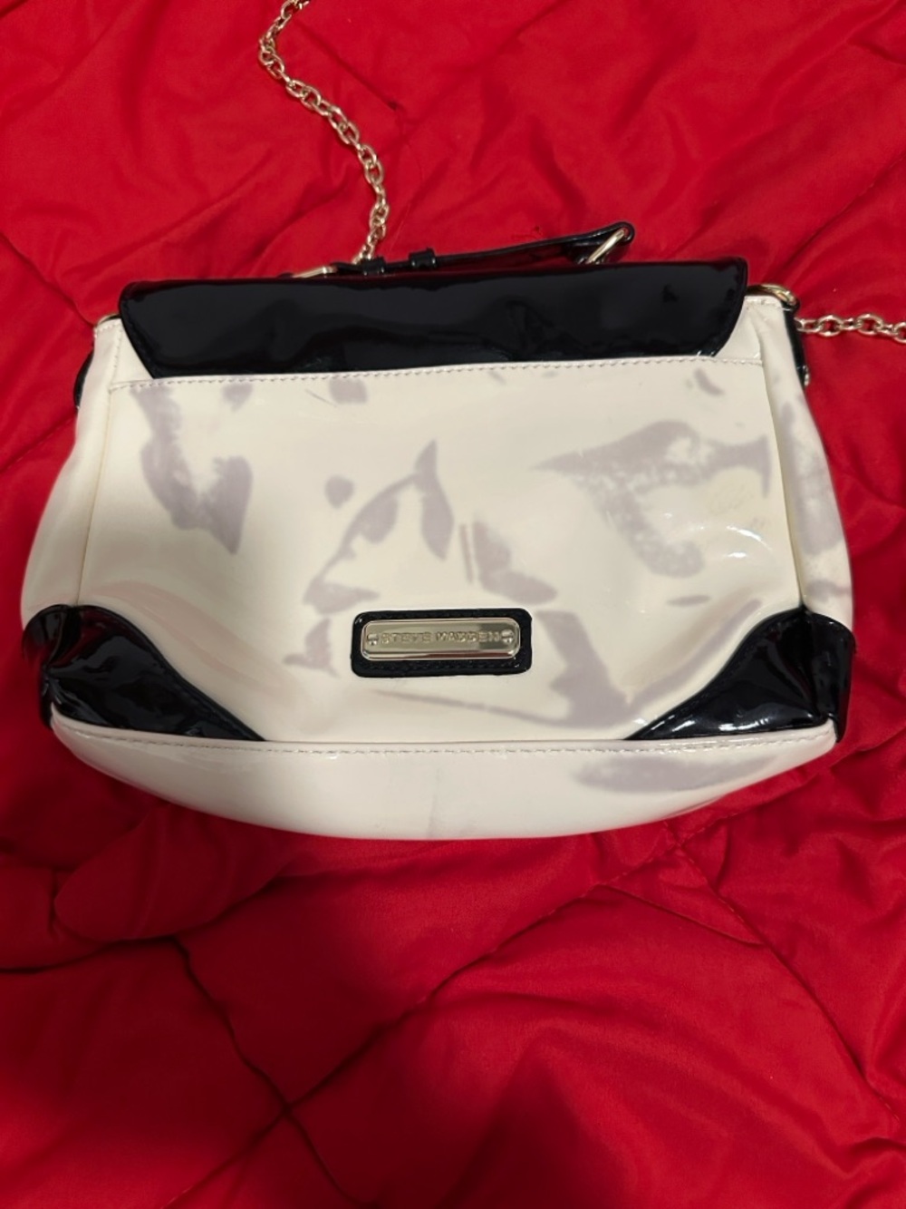 Steve Madden White and Black Patent Crossbody with Gold Chain